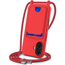 Mobigear Lanyard Card iPhone 16 Silicone Case with lanyard and Card Holder - Red