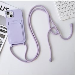 Mobigear Lanyard Card iPhone 15 Plus Silicone Cover con cordino e portacarte - Viola