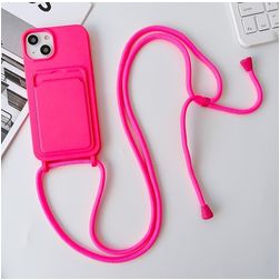 Mobigear Lanyard Card iPhone 15 Silikon Kryt se šňůrkou s kapsou na karty - Růžová