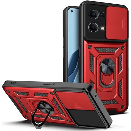 Mobigear Armor Ring Cam Slide OPPO Reno 7 4G Fodral Hårdplast Skal Stötsäkert med ringhållare och skjutbart kameraskydd - Röd