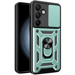 Mobigear Armor Ring Cam Slide Samsung Galaxy S24 FE Hårdt Bagsidecover Stødsikkert med ringholder og Camera Slider - Grøn