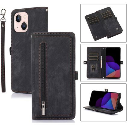 Mobigear Zipper iPhone 14 Plus Lompakkokotelo + Setelitasku - Musta