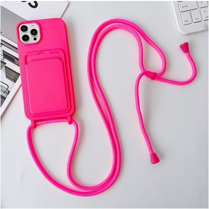 Mobigear Lanyard Card iPhone 15 Pro Silicone Case with lanyard and Card Holder - Magenta
