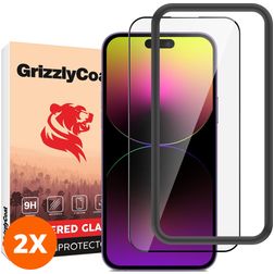 GrizzlyCoat Easy Fit iPhone 14 Pro Max Cristal templado Protector de pantalla - Compatible con fundas + Marco de instalación (pack de 2)