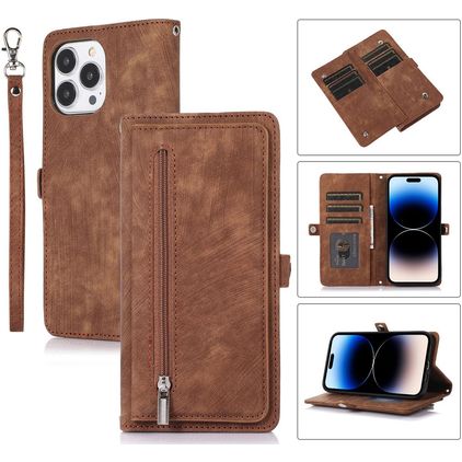 Mobigear Zipper iPhone 14 Pro Funda tipo libro Cartera - Marrón
