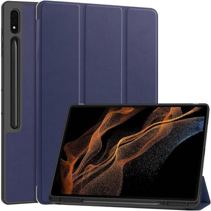 Mobigear Tri-Fold Gel Samsung Galaxy Tab S9 Ultra TPU / Keinonahka Lompakkokotelo + Kynänpidike - Tummansininen