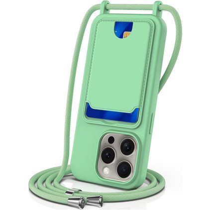 Mobigear Lanyard Card iPhone 16 Pro Max Silicona Funda con cuerda y tarjetero - Verde