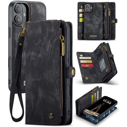 CaseMe 008 iPhone 16 Plus 2-in-1-lompakkokotelo irrotettavalla kuorella + Setelitasku - Musta