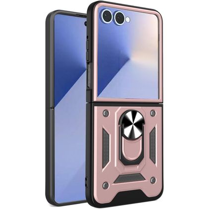 Mobigear Armor Ring Samsung Galaxy Z Flip 7 Tvrdý plast Zadní kryt odolný proti nárazům s prstýnkem - Růžově zlatá
