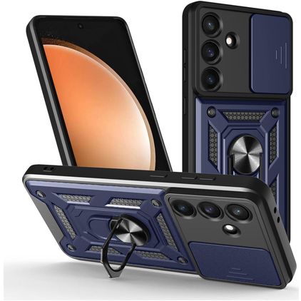 Mobigear Armor Ring Cam Slide Samsung Galaxy S25 FE Hårdt Bagsidecover Stødsikkert med ringholder og Camera Slider - Blå