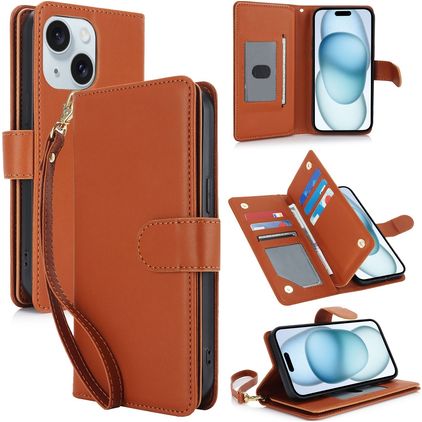 Mobigear Wallet iPhone 15 Knížkové pouzdro Peněženka - Hnědá
