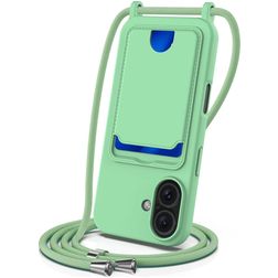 Mobigear Lanyard Card iPhone 16 Silicona Funda con cuerda y tarjetero - Verde