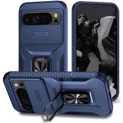Mobigear Armor Ring Cam Slide Google Pixel 9 Pro XL Fodral Hårdplast Skal Stötsäkert med ringhållare och skjutbart kameraskydd - Blå