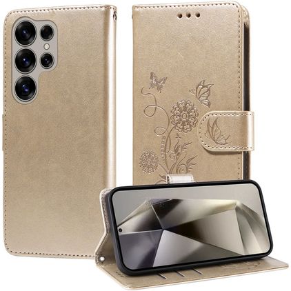 Mobigear Flowers Samsung Galaxy S25 Ultra Plånboksfodral med sedelfack - Guld