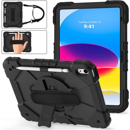 Mobigear SureGrip Xtreme iPad 10 (2022) Capa Plástico rígido / Silicone Capa traseira + Alça de ombro + Suporte - Preto