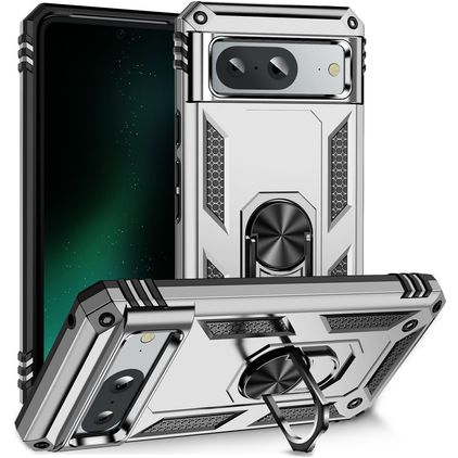 Mobigear Armor Ring Google Pixel 8a Plástico rígido Capa traseira Antichoque com anel - Prateado