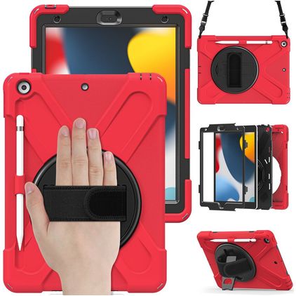 Mobigear SureGrip XGuard iPad 9 (2021) Case Plastic / Silicone Back cover + Stylus Holder + Shoulder Strap + Stand - Red