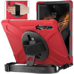 Mobigear SureGrip XGuard Samsung Galaxy Tab S8 Ultra Pouzdro Plast / Silikon Zadní kryt + Držák na stylus + Ramenní popruh + Stojánek - Červená