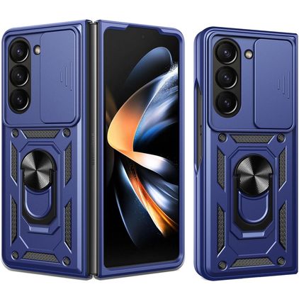 Mobigear Armor Ring Cam Slide Samsung Galaxy Z Fold 7 Funda Plástico rígido Carcasa Antigolpes con anillo y tapa deslizante para cámara - Azul