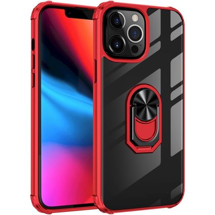 Mobigear Crystal Ring iPhone 14 Pro Max Kova Suojakuori + Sormuspidike - Läpinäkyvä / Punainen