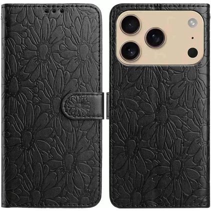 Mobigear Flowers iPhone 18 Pro Max Lompakkokotelo + Setelitasku - Musta