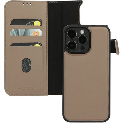 Mobiparts iPhone 15 Pro Max MagSafe Cover Vera pelle Cover a libro 2 in 1 con guscio estraibile a portafoglio - Tortora