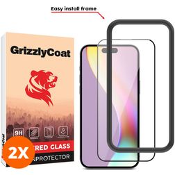 GrizzlyCoat Easy Fit iPhone 15 Plus Tempered Glass Screen Protector - Case Friendly + Installation Frame - Black (2-Pack)