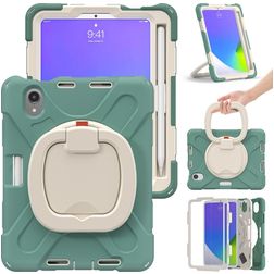 Mobigear RingGuard iPad Mini 7 (2024) Funda Plástico rígido / Silicona Carcasa + Portalápices + Correa bandolera + Soporte - Verde