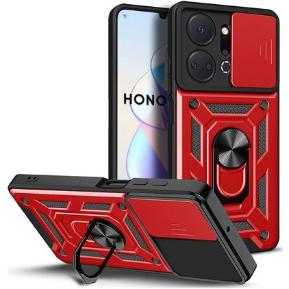 Mobigear Armor Ring Cam Slide HONOR X7A Funda Plástico rígido Carcasa Antigolpes con anillo y tapa deslizante para cámara - Rojo