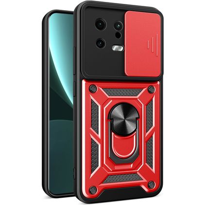 Mobigear Armor Ring Cam Slide Xiaomi 13 Hårdt Bagsidecover Stødsikkert med ringholder og Camera Slider - Rød