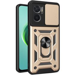 Mobigear Armor Ring Cam Slide Xiaomi Redmi 10 5G Tvrdý plast Zadní kryt odolný proti nárazům s prstýnkem a posuvnou krytkou fotoaparátu - Zlatá