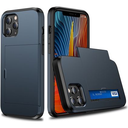 Mobigear Card iPhone 12 Tvrdý plast Zadní kryt odolný proti nárazům s kapsou na karty - Tmavě modrá