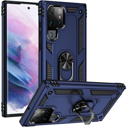 Mobigear Armor Ring Samsung Galaxy S22 Ultra Hårdt Bagsidecover Stødsikkert med ringholder - Blå