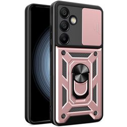 Mobigear Armor Ring Cam Slide Samsung Galaxy S24 FE Plástico rígido Capa traseira Antichoque com anel e tampa deslizante para câmara - Rosa dourado