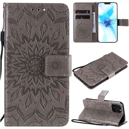 Mobigear Sunflower iPhone 12 Lompakkokotelo + Setelitasku - Harmaa