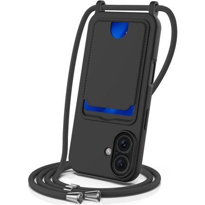 Mobigear Lanyard Card iPhone 16 Plus Silicone Capa com cordão e porta-cartões - Preto