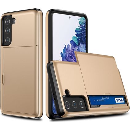 Mobigear Card Samsung Galaxy S21 Tvrdý plast Zadní kryt odolný proti nárazům s kapsou na karty - Zlatá