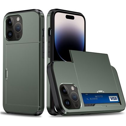 Mobigear Card iPhone 15 Pro Hårdt Bagsidecover Stødsikkert med kortholder - Armygrøn