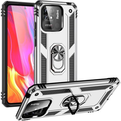 Mobigear Armor Ring Xiaomi Redmi 10C Fodral Hårdplast Skal Stötsäkert med ringhållare - Silver