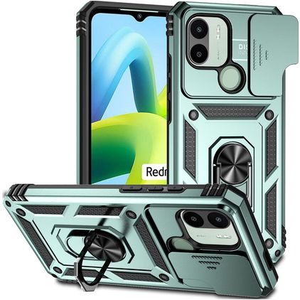 Mobigear Armor Ring Cam Slide Xiaomi Redmi A1 4G Fodral Hårdplast Skal Stötsäkert med ringhållare och skjutbart kameraskydd - Grön