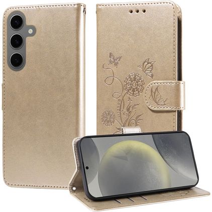 Mobigear Flowers Samsung Galaxy S25 Pungetui med Seddelrum - Guld