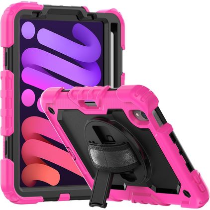 Mobigear SureGrip Xtreme iPad Mini 6 (2021) Pouzdro Plast / Silikon Zadní kryt + Držák na stylus + Ramenní popruh + Stojánek - Černá / Růžová