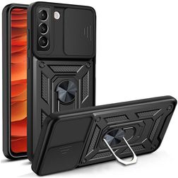 Mobigear Armor Ring Cam Slide Samsung Galaxy S22 Hårdt Bagsidecover Stødsikkert med ringholder og Camera Slider - Sort