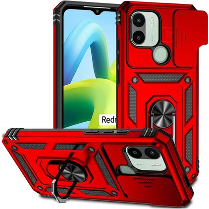 Mobigear Armor Ring Cam Slide Xiaomi Redmi A1 4G Funda Plástico rígido Carcasa Antigolpes con anillo y tapa deslizante para cámara - Rojo