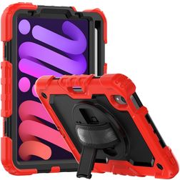 Mobigear SureGrip Xtreme iPad Mini 7 (2024) Case Plastic / Silicone Back cover + Stylus Holder + Shoulder Strap + Stand - Black / Red