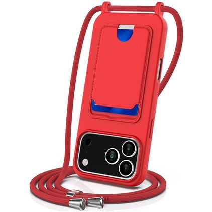 Mobigear Lanyard Card iPhone 17 Pro Max Silicone Case with lanyard and Card Holder - Red