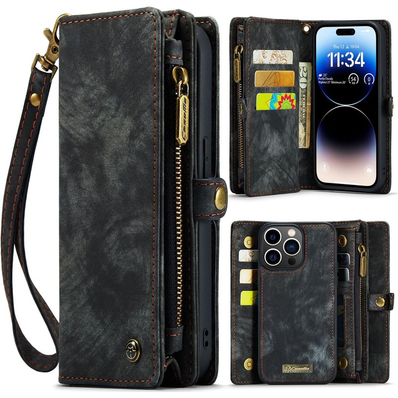 CaseMe 008 iPhone 14 Pro Cover Aftageligt 2-i-1-pungetui med Seddelrum - Sort