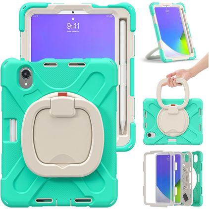 Mobigear RingGuard iPad Mini 7 (2024) Capa Plástico rígido / Silicone Capa traseira + Suporte para caneta stylus + Alça de ombro + Suporte - Turquesa