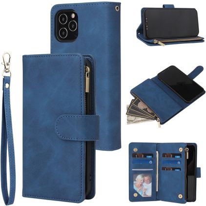 Mobigear Zipper iPhone 12 Pro Lompakkokotelo + Setelitasku - Sininen