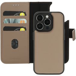 Mobiparts iPhone 15 Pro MagSafe Funda Piel auténtica Funda tipo libro 2 en 1 con carcasa extraíble Cartera - Topo